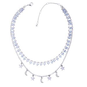 Silvertone Moon and Star Vintage Rondelle Crystal Necklace